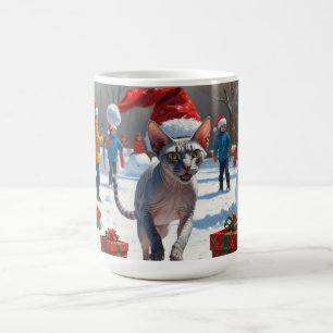 Caneca De Café Gato Sphynx Correndo na Neve com Chapéu de Natal