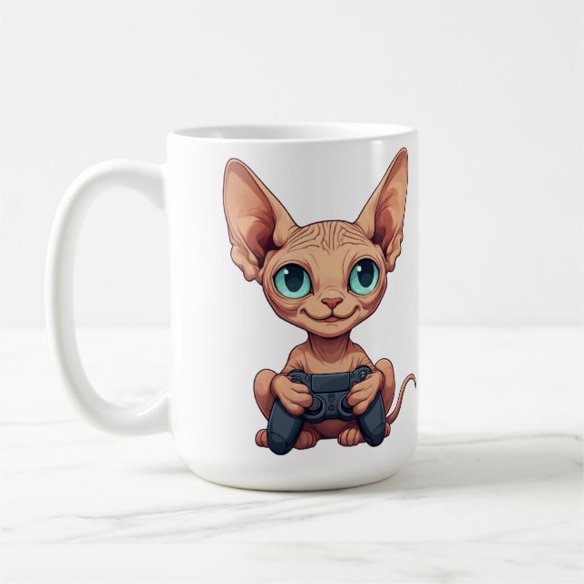Caneca De Café Gato Sphynx Segurando Controle de Jogo (Esquerda)