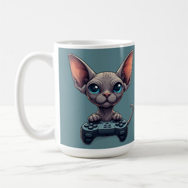 Caneca De Café Gato Sphynx Segurando Controle de Jogo (Esquerda)