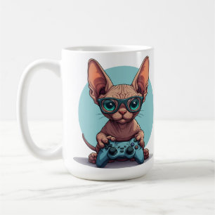 Caneca De Café Gato Sphynx Segurando Controle de Jogo