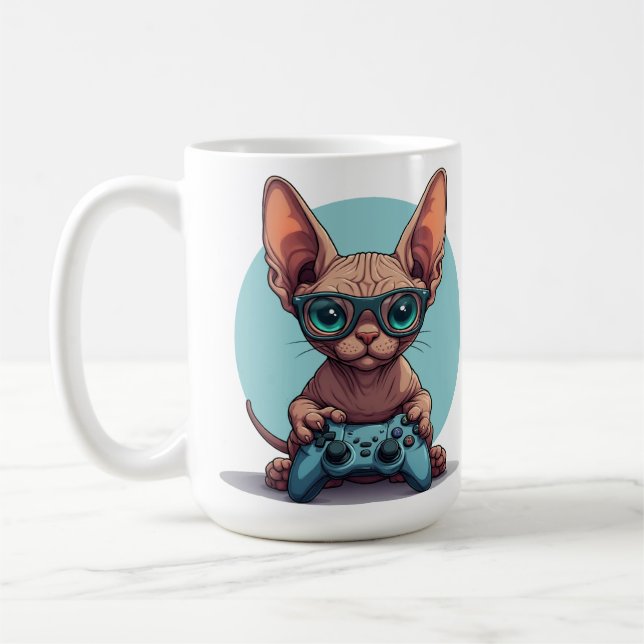 Caneca De Café Gato Sphynx Segurando Controle de Jogo (Esquerda)