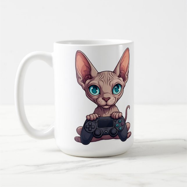 Caneca De Café Gato Sphynx Segurando Controle de Jogo (Esquerda)