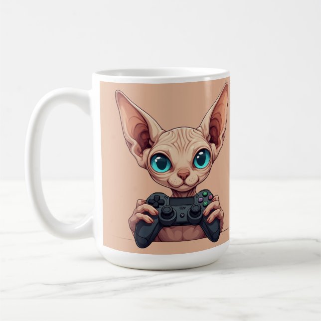 Caneca De Café Gato Sphynx Segurando Controle de Jogo (Esquerda)