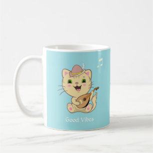 Caneca De Café Gato Tabby Gengibre Musical Fofo Feliz em Azul Cla