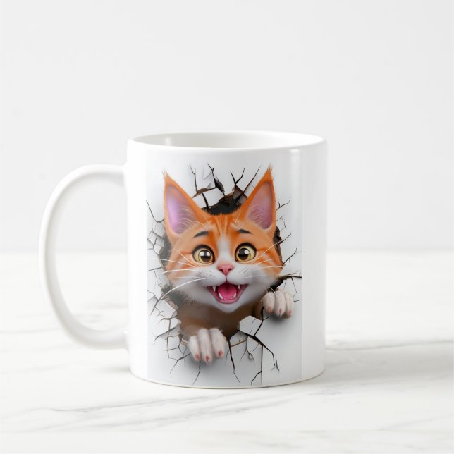 Caneca De Café Gato Tabby Laranja e Branco 3D Rompe a Parede (Esquerda)