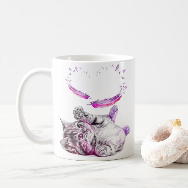 Caneca De Café Gato taça coração pluma (Com Donut)