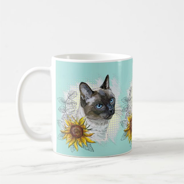 Caneca De Café Gato tailandês engraçado desenhando mão com flores (Esquerda)