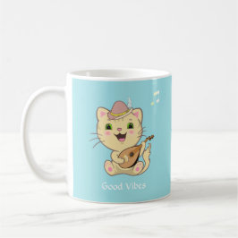 Caneca De Café Gato Tigrado Gengibre Musical Fofo Feliz em Azul C