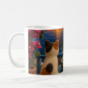 Caneca de Café Gato Tricolor Observando o Pôr do S