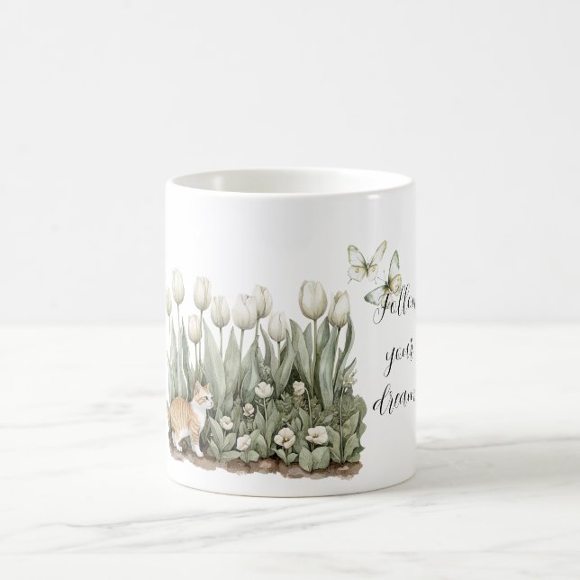 Caneca De Café Gato Tulipa Flores Hortelã Borboletas Brancas (Centro)