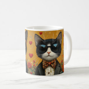 Caneca De Café Gato Tuxedo com Dia de os namorados de Rosa cardía
