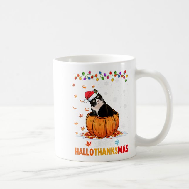 Caneca De Café Gato Tuxedo Engraçado Na Pumpkin Happy Hallothanks (Direita)