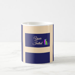Caneca De Café Gato Verde Listras Azul Escuro + Creme