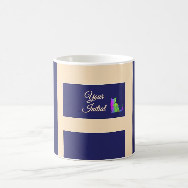 Caneca De Café Gato Verde Listras Azul Escuro + Creme (Centro)
