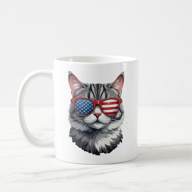 Caneca De Café Gato Vestindo óculos escuros bandeira americana 4º (Esquerda)
