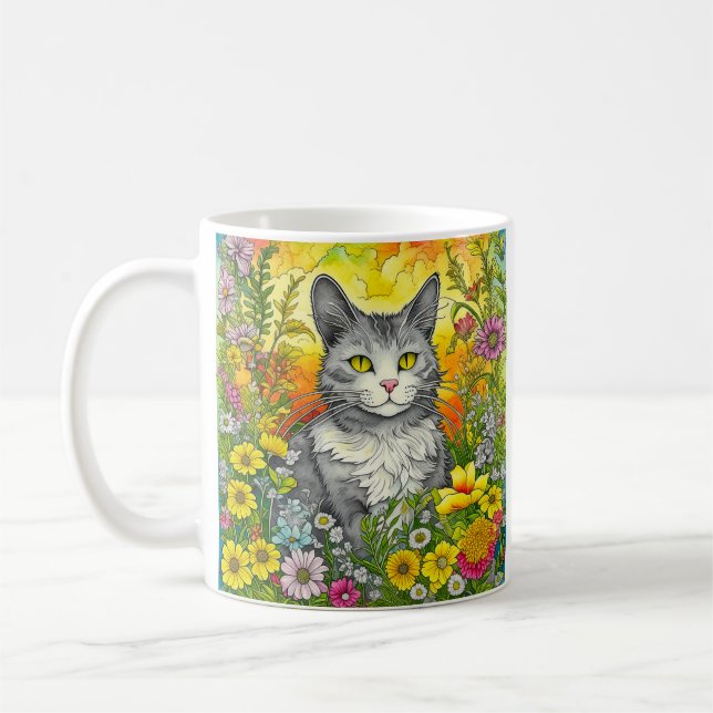 Caneca De Café Gato Whimsical Personalizado e Flores (Esquerda)