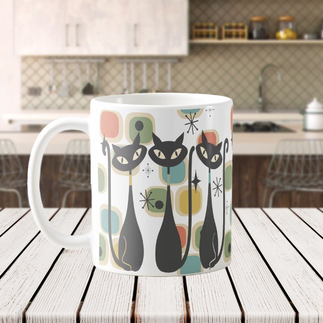 Caneca De Café Gatos Atômicos Pretos do Meio século Retro (Retro Mid Century Black Atomic Cats Coffee Mug)