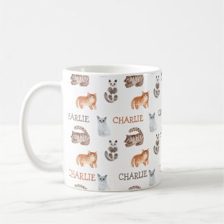 Caneca De Café Gatos Cats Watercolor Kitten com Nome Design Neutr