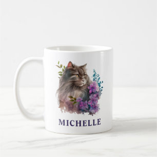 Caneca De Café Gatos Cinzentos e Flores Roxas em Aquarela Lindos