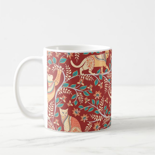 Caneca De Café Gatos com ornamentos, ramos com flores e folhas (Esquerda)