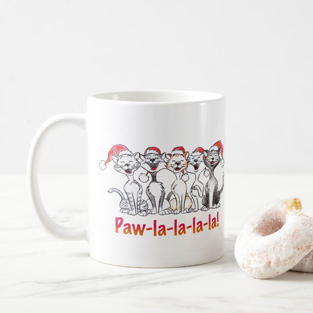 Caneca De Café Gatos de Natal Cantando com Chapéus de Papai Noel (Com Donut)