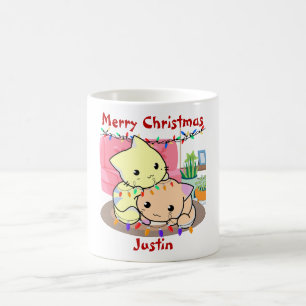Caneca De Café Gatos de natal no tapete, nome personalizado