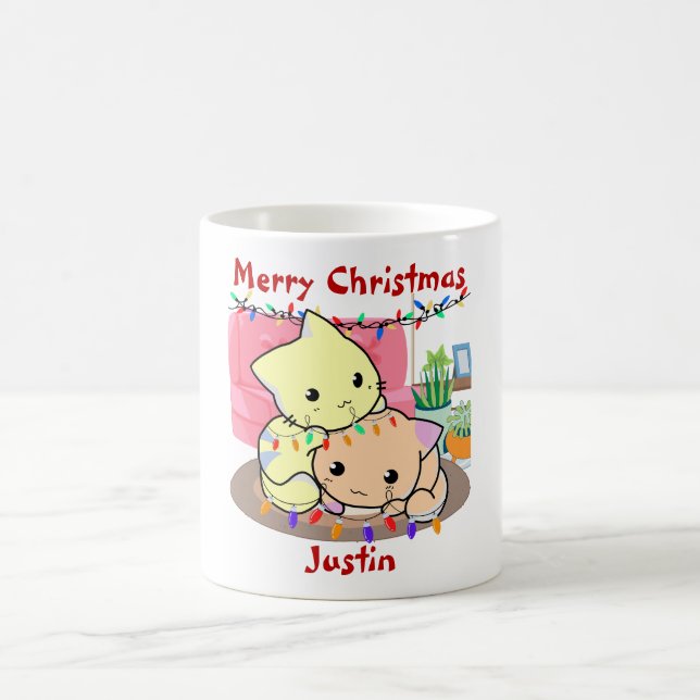 Caneca De Café Gatos de natal no tapete, nome personalizado (Centro)