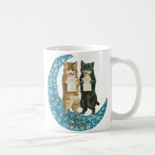 Caneca De Café Gatos do namorados em uma lua azul da flor (Direita)