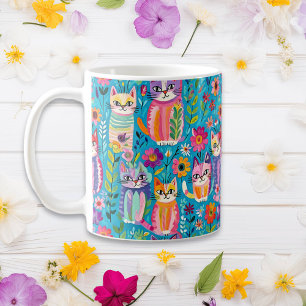 Caneca De Café Gatos e Flores Coloridos