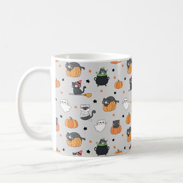 Caneca De Café Gatos e Padrão Fantasmas do Halloween (Esquerda)