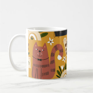 Caneca De Café Gatos e Pássaros Vintage, Desenhados à Mão.
