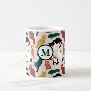 Caneca De Café Gatos encantadores desenhados à mão em fundo rosa