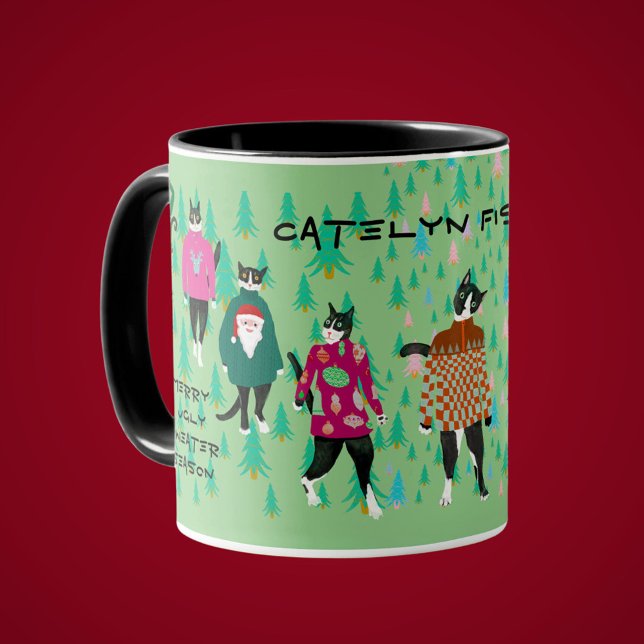 Caneca De Café Gatos Engraçados no Verdugo de Natal (Funny tuxedo cats strut the catwalk in their Ugly Christmas Sweaters. A cat lovers holiday gift mug )