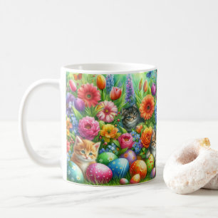 Caneca De Café Gatos Fofos no Jardim de Flores de Páscoa 