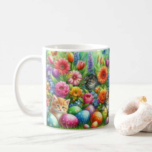 Caneca De Café Gatos Fofos no Jardim de Flores de Páscoa  (Com Donut)