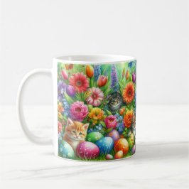 Caneca De Café Gatos Fofos no Jardim de Flores de Páscoa 