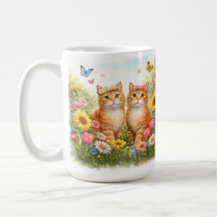 Caneca De Café Gatos Laranja Gêmeos Adoráveis com Coroas de Flore