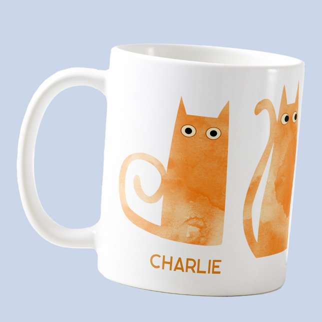 Caneca De Café Gatos Laranja Personalizados (Fun watercolor orange ginger kitty cat personalized custom name coffee mug)