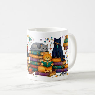 Caneca De Café Gatos Lendo Livros Cena Aconchegante da Biblioteca