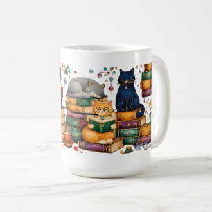 Caneca De Café Gatos Lendo Livros Cena Aconchegante de Biblioteca