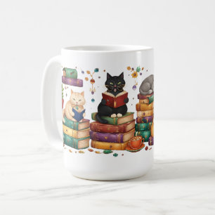 Caneca De Café Gatos Lendo Livros Cena Aconchegante de Biblioteca