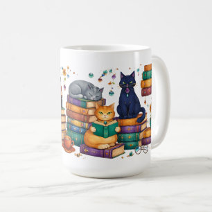 Caneca De Café Gatos Lendo Livros Cena Aconchegante de Biblioteca