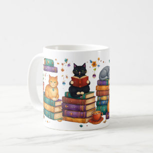 Caneca De Café Gatos Lendo Livros Cena Aconchegante de Biblioteca