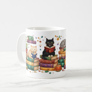 Caneca De Café Gatos Lendo Livros Cena de Biblioteca Aconchegante