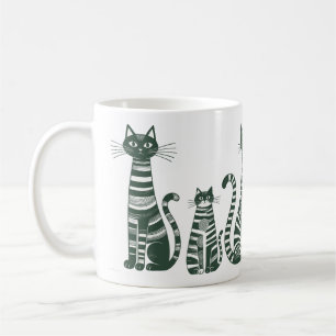 Caneca De Café Gatos Listrados Preto e Branco Arte Folclórica