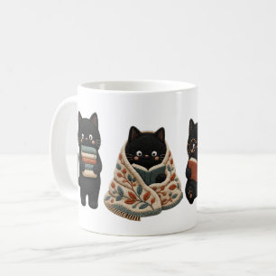 Caneca De Café Gatos Pretos Aconchegantes Lendo Livros