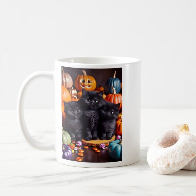 Caneca De Café Gatos Pretos do Dia das Bruxas com Abóboras e Doce (Com Donut)