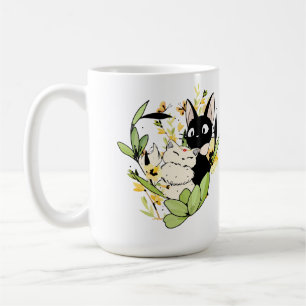 Caneca De Café gatos pretos e brancos com coração de flores