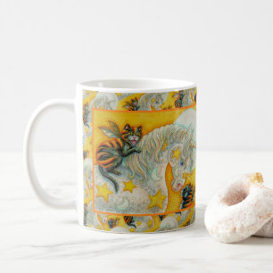 CANECA DE CAFÉ GATOS PRETOS EM CHAMAS COM UNICÓRNIO DE HALLOWEEN