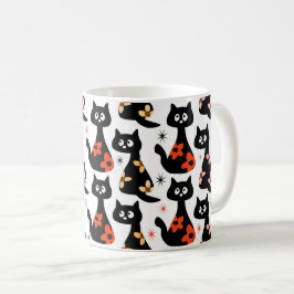 Caneca De Café Gatos Pretos Florais Retroativos (Brancos)